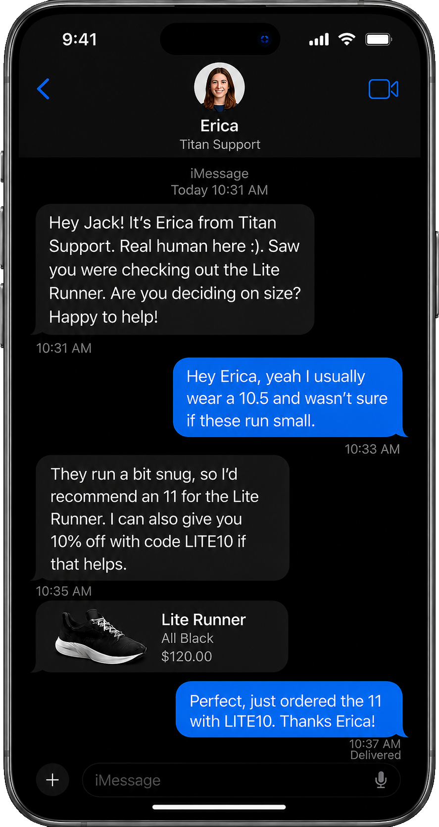 iMessage conversation between Erica from Titan Support and Jack, ending in a recovered $120 purchase